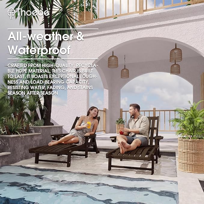 Patio Chaise Lounge Chair, Oversized Lounge Chair Outdoor with 5 Positions, HDPE, Patio Lounge Chair with Wheels & Cup Holder for Pool, Deck, Poolside,Brown