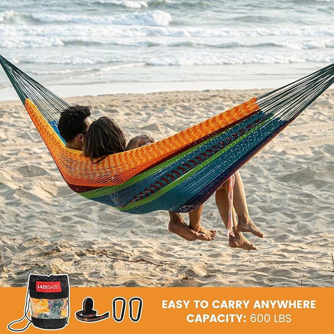 Lazy Daze Hammocks Handwoven Mayan Hammock, 10.5 FT Soft Rope Double Hammocks, Portable Outdoor Hammock with Carry Bag, 2 Straps & Carabiners for Patio Outside, 550 lbs Weight Capacity, Multi Color