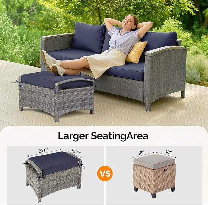 VINGLI Wicker Outdoor Ottoman Set of 2, All Weather PE Rattan Footstool for Patio w/Removable Cushions, Waterproof Rattan Foot Rest for Garden, Balcony, Poolside (Grey)