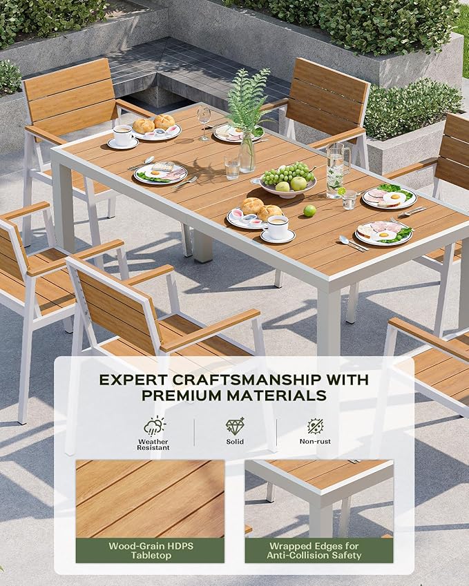 67" HDPS Outdoor Patio Dining Table, Aluminum-Edged Outdoor Dining Table with Umbrella Hole, Weather-Resistant for Lawn, Garden, Poolside and Indoor Use, White & Teak