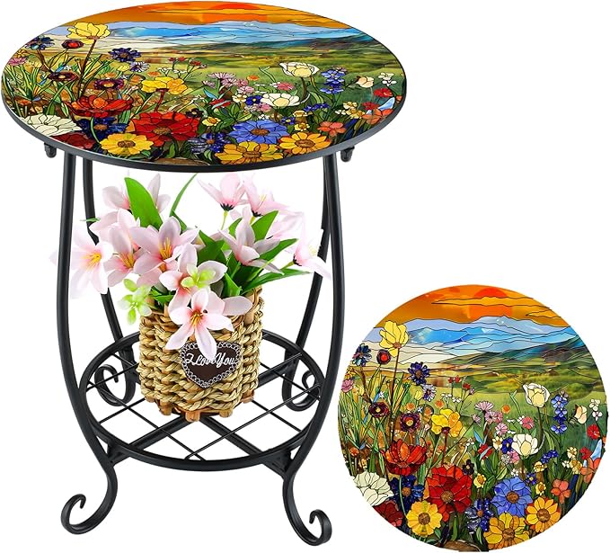 Outdoor Side Table Round Small Mosaic Patio Accent Indoor End Plant Coffee Tea Table for Yard Patio Porch Garden Living Room, Bedroom(Flower Style,14 Inch)