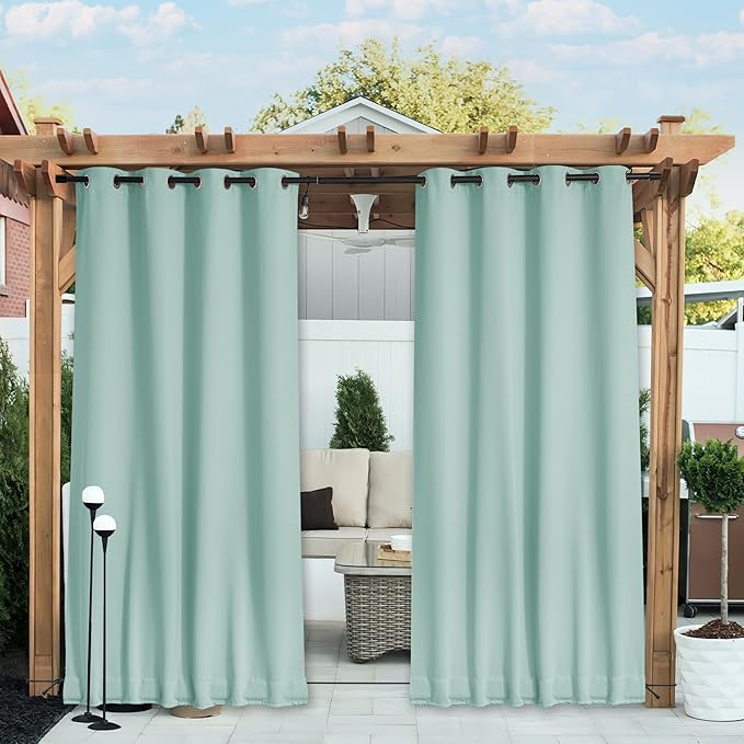 NICETOWN 2 Panels Waterproof Outdoor Curtains Fixed Grommet & Back Tab on Top & Bottom, Thermal Insulated Keep Rain & Sun Out Privacy Windproof Outdoor Draperies with Rope, W52 x L72, Aqua Blue