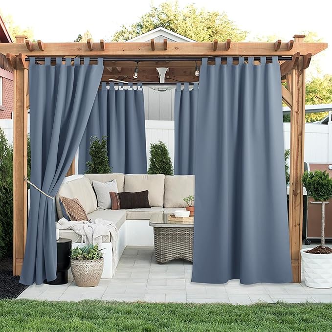 NICETOWN 2 Panels Self Stick Tab Top Outdoor Curtainss for Patio Waterproof, Indoor Outdoor Blinds Room Darkening Window Treatments Rain & Sun Blocking Drapes for Pool, W52 x L108, Stone Blue