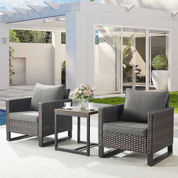 Belord Outdoor Bistro Set 3 Piece Wicker Patio Chairs, Oversize Rattan Seating Set, All-Weather Furniture With Metal Side Table and Removable Cushion for Outside, Brown