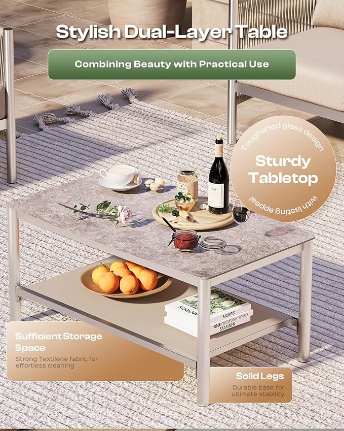 Aluminum Outdoor Patio Furniture Set with Dual-Layer Coffee Table, 4 Piece Modern Patio Conversation Sets with PE Rope, Outdoor Sectional Sofa with Thick Cushions for Balcony, Porch, Beige