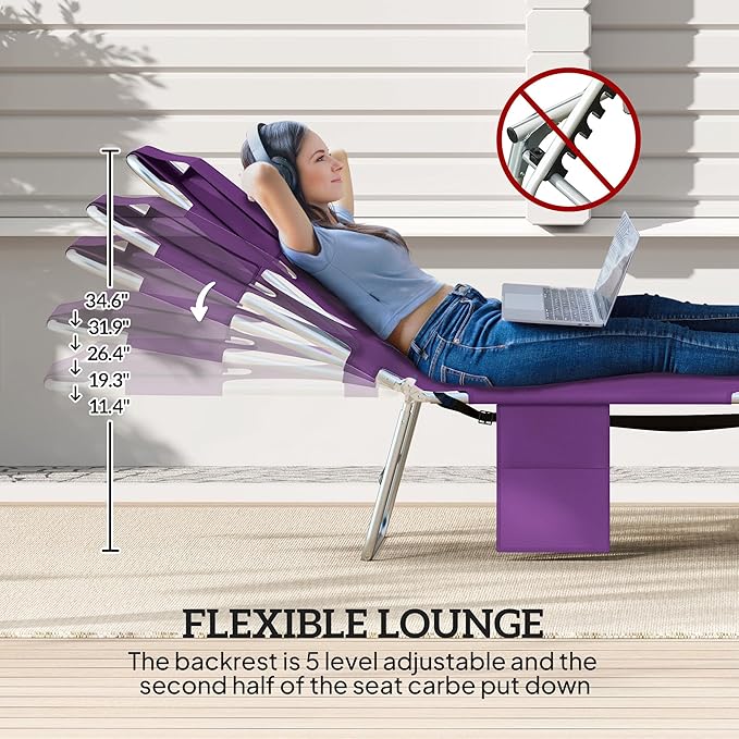 Outsunny Chaise Lounge Chair Outdoor with Face Arm Hole, 5-Position Reclining Face Down Tanning Chair with Carry Strap, Side Pocket, Portable Folding Bed Cot for Patio Beach Pool, Purple