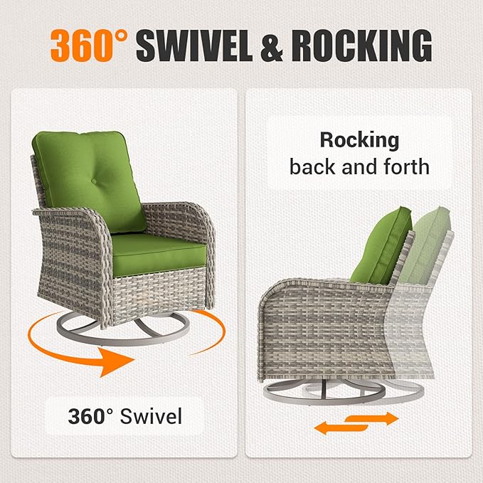 11-Piece Outdoor Patio Furniture Set with Rocking Swivel Chair Wicker Sectional Sofa Set, Patio Conversation Set with Ottomans & Coffee Table for Garden, Backyard, Avocado Green