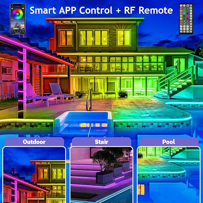 AILBTON 500ft Outdoor LED Strip Lights Waterproof,IP68 Outside Led Light Strips Waterproof with Bluetooth App Remote Control,Music Sync RGB Exterior Led Rope Lights,for Balcony,Deck,Roof,Garden,Pool