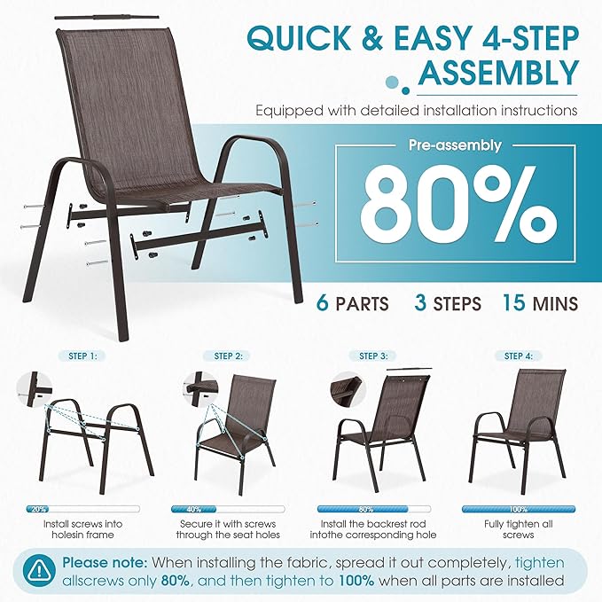 Outdoor Stackable Chairs Set of 6, Stacking Patio Chairs with Textilene Fabric, Outside Furniture for Garden Backyard Balconie Poolside Deck, Brown