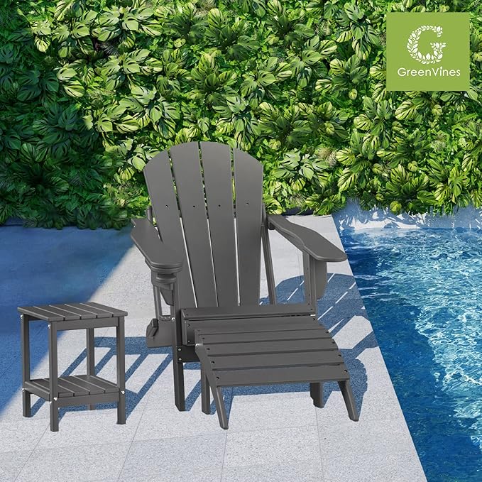 GREENVINES Adirondack-Outdoor-Side-Table | 14 x 13 Inches | HDPE Plastic | All Weather | Grey | Outside End Tables | Storage Shelf | for Patio Porch Backyard Indoor