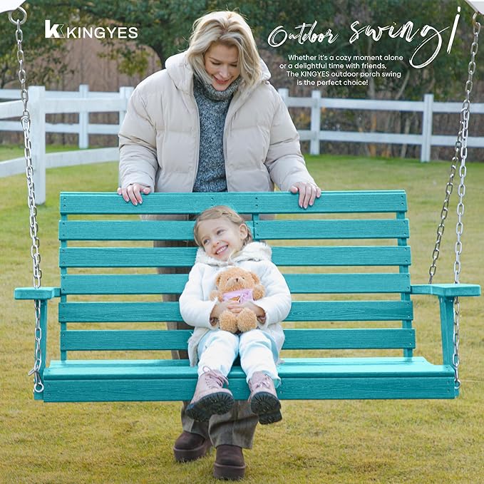 KINGYES Outdoor Hanging Patio Swing Set of 4, 2 Seat Swing Chair with Cup Holders, Waterproof Bench for Courtyard & Garden, 660LBS Weight Capacity, Aruba Blue