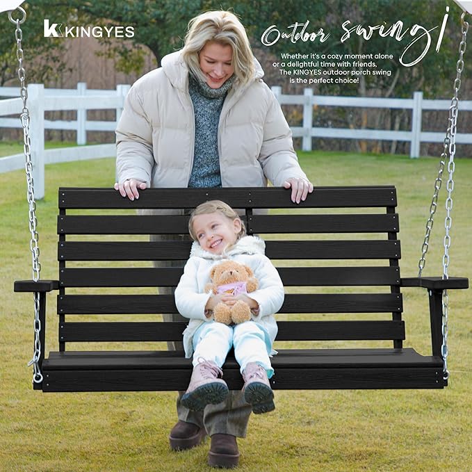 KINGYES Outdoor Hanging Porch Swing Set of 4, 2 Seat Patio Chair With Cup Holders, Waterproof Bench for Courtyard & Garden, 660LBS Weight Capacity, Black