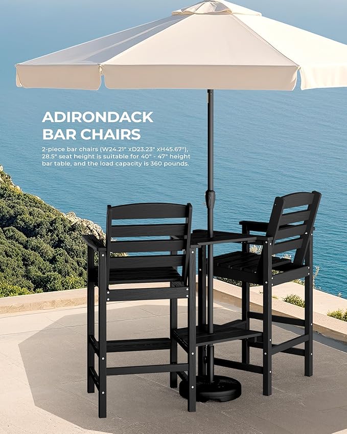 SERWALL Tall Adirondack Chairs Set of 2 with Connecting Table, All Weather Outdoor Barstools, Black