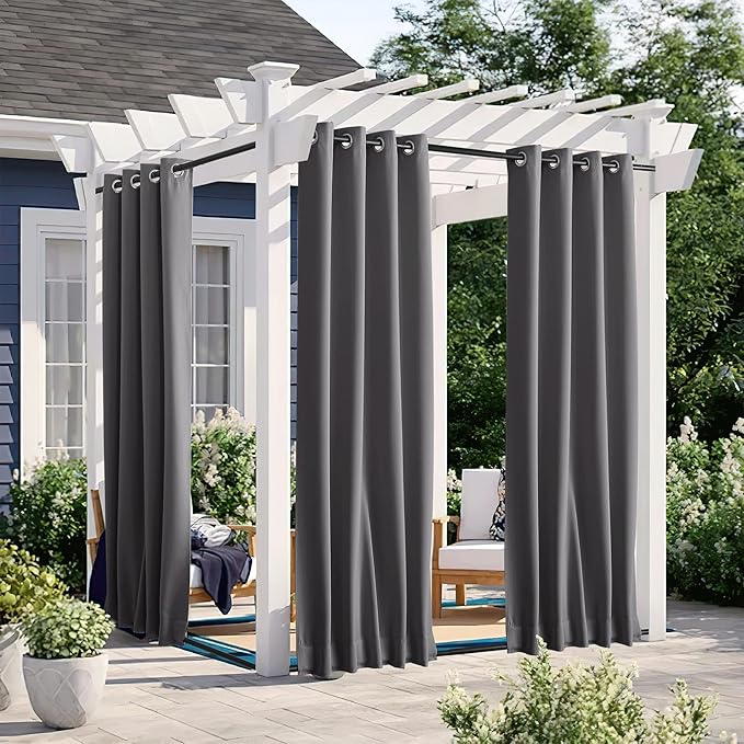 NICETOWN 2 Panels Weighted Outdoor Curtains for Patio Waterproof & Windproof, Grommet & Back Tab on Top & Bottom Privacy Light & Sound Block for Pergola with Bonus Rope for Fixed, Grey, W46 x L72