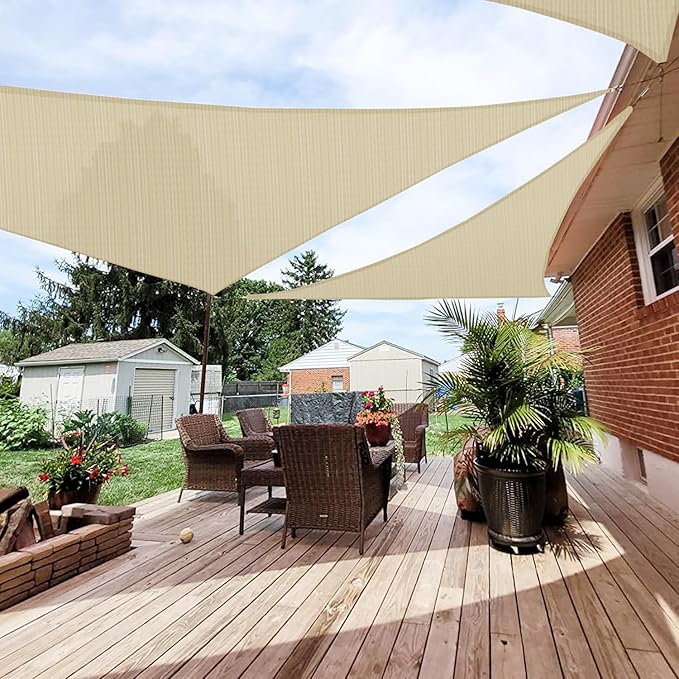 Patio Paradise 16' x 16' x 16' Sun Shade Sail Triangle Canopy Shade Cloth Fabric Sunlight Block Patio Pergola Cover HDPE Deck Awning for Outdoor Backyard Roof Shading, Beige