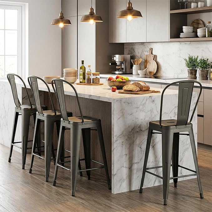 COSTWAY 24'' Metal Bar stools Set of 4, with Removable Back, Counter Height Stools with Rubber Feet, Stylish and Modern Chairs, for Kitchen, Dining Rooms, and Side Bar (Gun-Update, 24'')