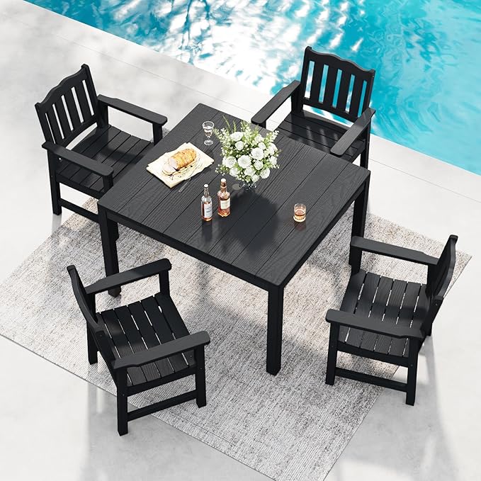 Stoog 5 Pieces Patio Dining Sets, All-Weather HIPS Material & Aluminum Frame Dining Table with Umbrella Hole, Outdoor Dining Table for 4, Never Rot or Fade, Black