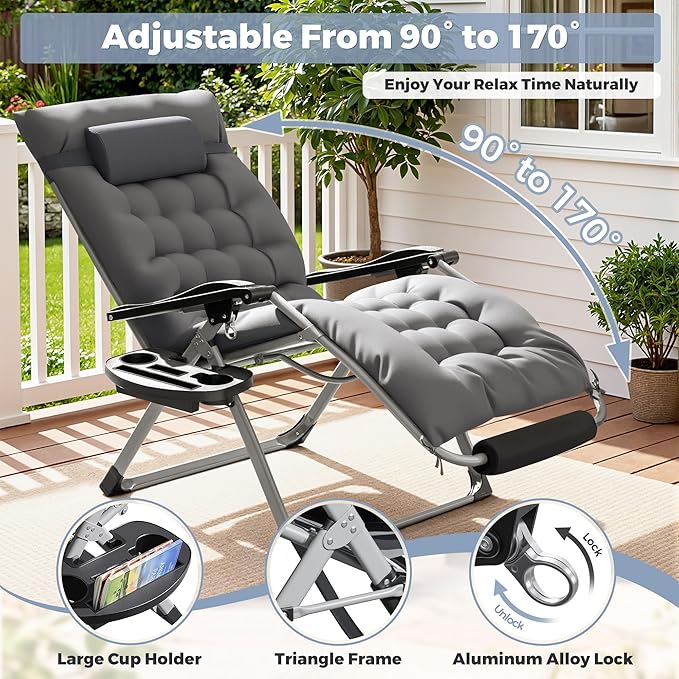 Homall Oversized Zero Gravity Chair, 32In Recliner Lounge Chair with Removable Soft Cushion and Cup Holder, Adjustable Anti Gravity Chair Folding Patio Chairs Padded for Indoor and Outdoor, Grey