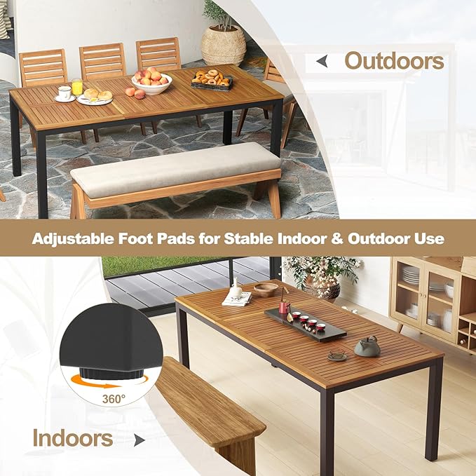 Tangkula 79" Acacia Wood Outdoor Dining Table for 8, Patio Table with Umbrella Hole, Metal Legs & Adjustable Foot Pads, Rectangular 8-Person Outside Table for Garden, Poolside & Backyard
