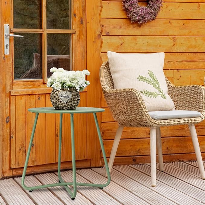 danpinera Outdoor Side Tables with Flower Cut Outs, Weather Resistant Steel Patio Side Table, Small Round Outdoor End Table Metal Side Table for Patio Yard Balcony Garden Green
