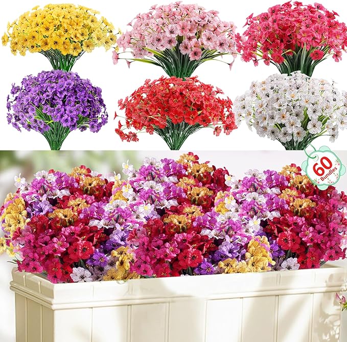 60 Pack Artificial Flowers Outdoor, Faux Silk Flowers for Outdoors Outside Front Porch Hanging Planter Window Box Garden Decoration(Mixed)