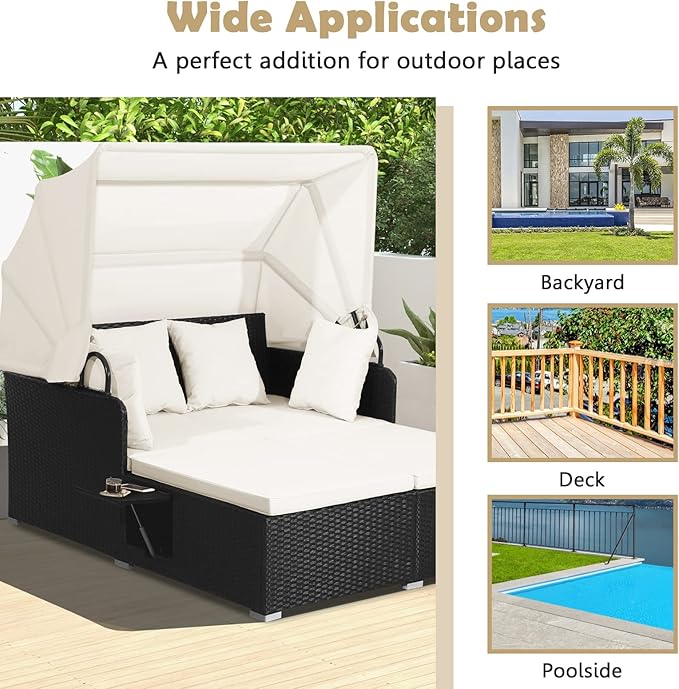 ORALNER Outdoor Daybed, 2-Person Wicker Patio Sofa with Retractable Canopy, Cushions & Pillows, 2 Side Trays, PE Rattan Double Sunbed Lounger for Deck Poolside Backyard Garden Balcony (Off-White)