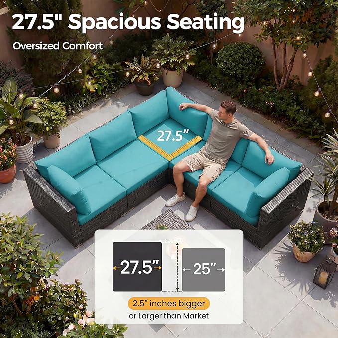 NICESOUL 13 Piece Patio Furniture Set with Fire Pit, Oversized Large Outdoor Sectional with Lounger & Fire Pit, 500 lbs High Weight Capacity Wicker Deck Seating for 10, Gray & Teal