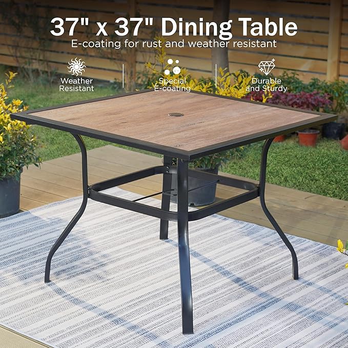 PHI VILLA 5 Pieces Outdoor Dining Set for 4, 37” Square Wrought Iron Table with Ploywood Tabletop & Swivel Metal Steel Chairs with Cushions, Outside Furniture Set for Patio, Porch, Deck, Backyard