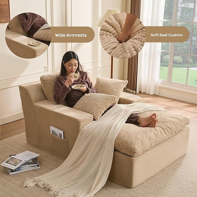 63" Chaise Lounge Chair Indoor, Set of Convertible Sleeper Sofa Couch with Throw Pillows & Side Pockets, Corduroy Upholstered Oversized Sofa Bed with Armrests for Living Room Bedroom, Camel