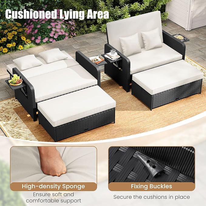 HAPPYGRILL Patio Rattan Wicker Daybed with Loveseat & Storage Ottoman, Outdoor Lounge Sofa Furniture Set with Adjustable Backrest & Side Trays, for Poolside Deck Porch Lawn (Black & Beige)