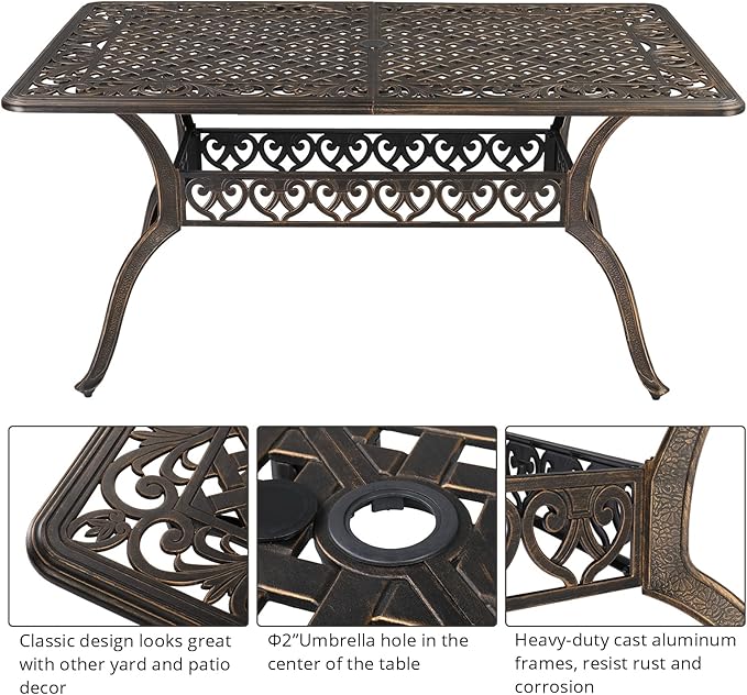 VINGLI 7-Piece Outdoor Dining Set, Cast Aluminum Patio Furniture Set for 6 with Umbrella Hole, Rectangular Outdoor Dining Table & 6 Stackable Chairs, All-Weather Garden/Poolside Dining Set Bronze