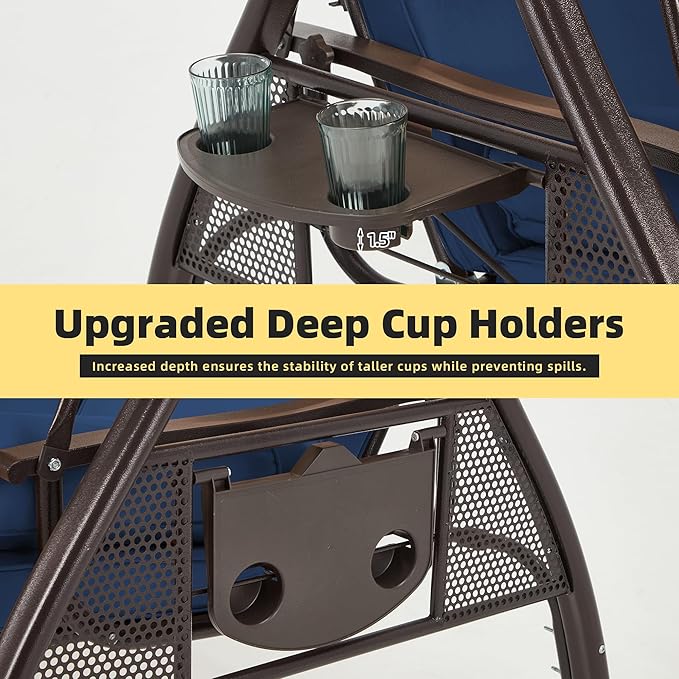HOMREST 3 Person Outdoor Porch Swing with 1.5" Deep Cup Holder, Adjustable Canopy, Backrest, Patio Swing Bed with Weather Resistant Steel Frame, Cushions for Garden,Deck and Poolside(Blue)