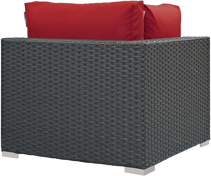 Modway Sojourn Wicker Rattan Outdoor Patio Sunbrella Fabric Corner in Canvas Red