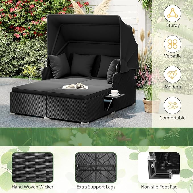 ORALNER Outdoor Daybed, 2-Person Wicker Patio Sofa with Retractable Canopy, Cushions & Pillows, 2 Side Trays, PE Rattan Double Sunbed Lounger for Deck Poolside Garden Balcony (Black)