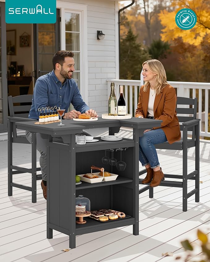 SERWALL Outdoor Bar Table Set (1 Table with 2 Chairs) – HDPE Grey Patio Bar Cabinet with 4-Tier Storage & Spacious Tabletop, Perfect for Outdoor, Poolside, Backyard