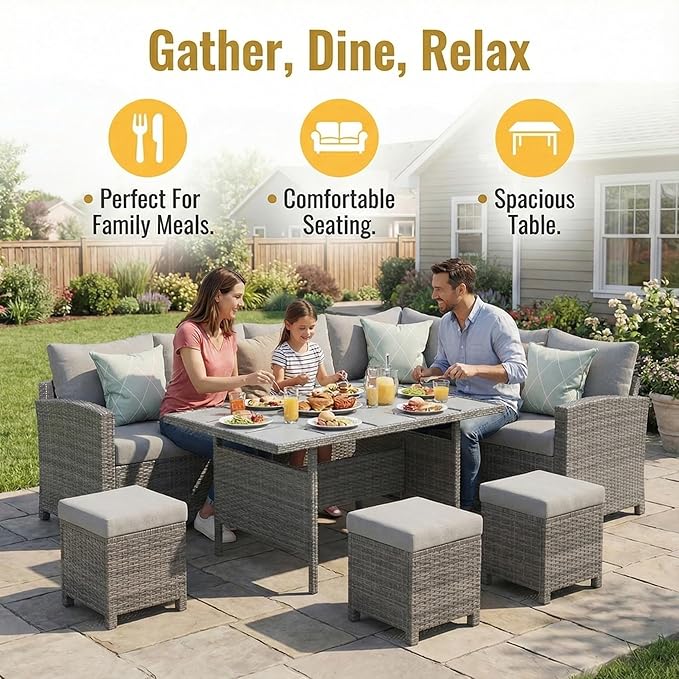 Wisteria Lane 7 Piece Patio Furniture Set, Wicker Patio Sectional with Wide Armrest, All Weather Outdoor Dining Set, Outdoor Furniture Patio Conversation Set with Ottoman, Ash Gray