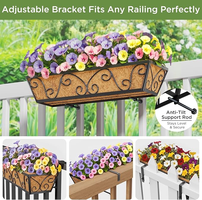 Y&M 24 Inch Window Deck with Coco Liner, Fence Metal Hanging Flower Planter Window Basket Deck Railing Planter Boxes for Outdoor Garden Lawn-Butterfly, 2pcs