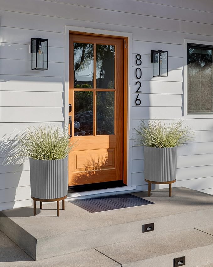 Veradek Demi Series Round Planter w/ Stand for Porch/Patio | Durable Plastic-Concrete & Wooden Stand | Modern Décor for Tall Plants, Flowers