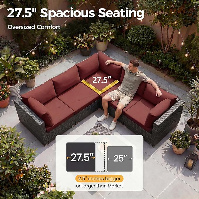 NICESOUL 6 Piece Modern Outdoor Conversation Set with Fireplace Natural Gas/Propane, 29.3'' High Back Deep Wide Seat Sofa Couches for Garden, Oversized Patio Sectionals, 2 Color Cushion Wine & Grey