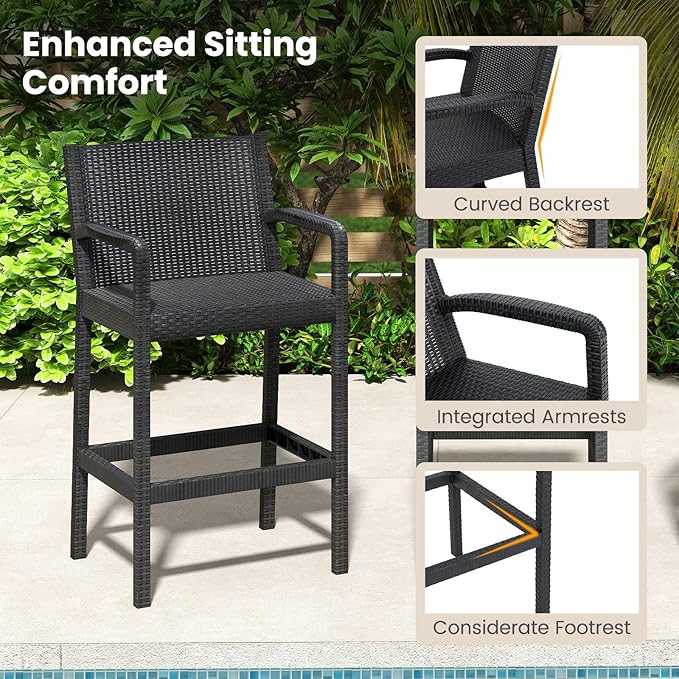 Tangkula 3 Pieces Patio Bar Set, Oudoor Curved Heavy Duty Bar Chairs and Square Table for 2, for Garden, Balcony, Poolside, Black
