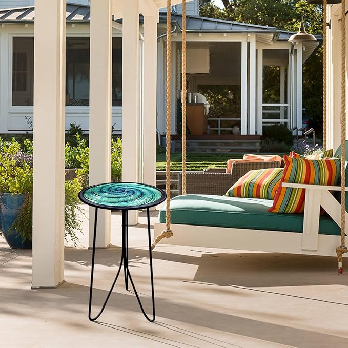 LIFFY Patio Side Table, Small Round End Table, Metal Side Table Outdoor, Small Porch Table for Indoor Balcony Furniture Decor (Green 12 inch)
