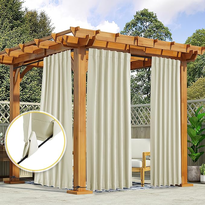 NICETOWN 2 Panels Outdoor Curtains Waterproof Pocket & Back Tab on Top & Bottom, Thermal Insulated Windproof Sun Blocking Outside Privacy Drapes for Patio with Fixed Rope, W52 x L84, Beige