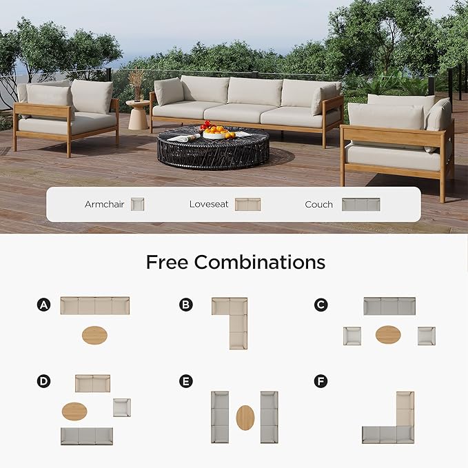 Acanva Modern Outdoor Patio Furniture Set, All-Weather Aluminium Conversation Sectional Sofa with Thick Cushions for Backyard, Garden, Porch, Armchair, Beige