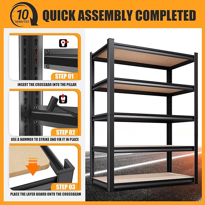 71.2" H Garage Shelving Heavy Duty Storage Shelves, Metal Adjustable Shelving Unit, Utility Garage Organizer Shelf for Basement, Pantry, Kitchen, Warehouse,15.7" Dx35.4 Wx71.2 H Black