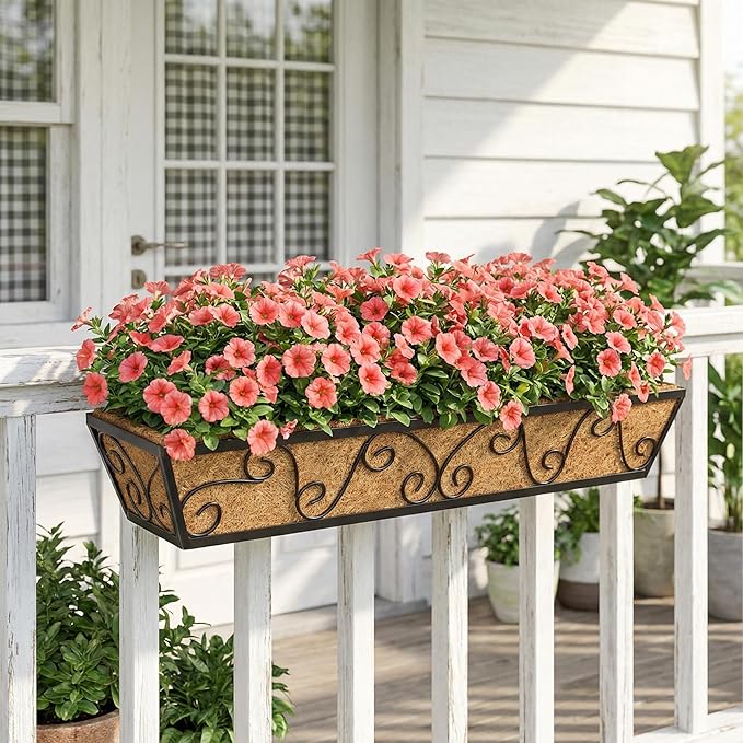 Y&M 30 Inch Butterfly Window Deck with Coco Liner, Fence Metal Hanging Flower Planter Window Basket Deck Railing Planter Boxes for Outdoor Garden Lawn 2pcs