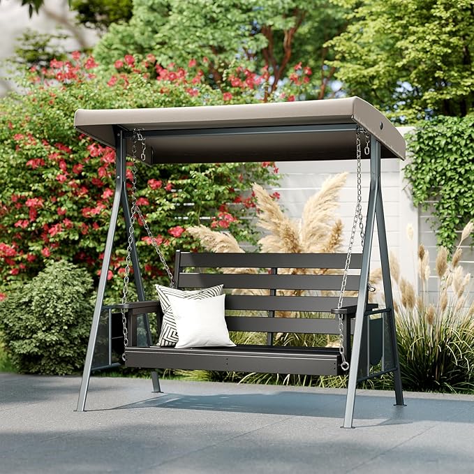 IVY&LANE Outdoor Porch Swing | HDPE Plastic | 2-Person | Hanging Bench Swings | Weatherproof | 4 Stainless Steel Chains | Black | for Outside Patio Garden Backyard Tree