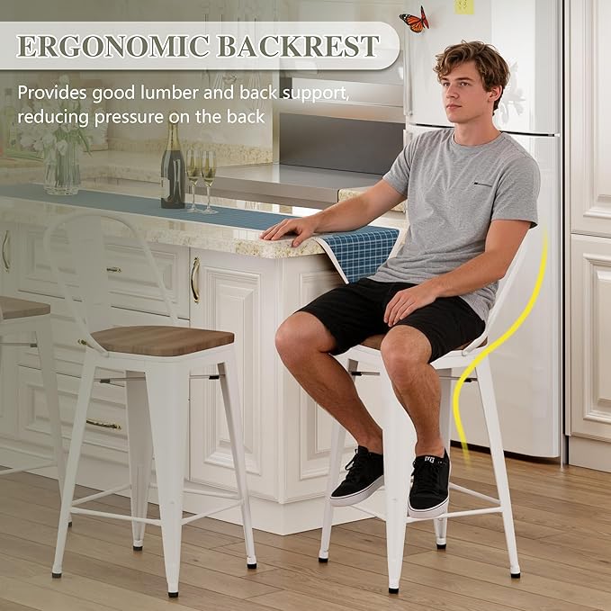 Yongqiang 26 inch Metal Bar Stools Set of 4 Farmhouse Kitchen Island Counter Height Bar Chairs High Back Barstools with Large Wooden Seat Cream White