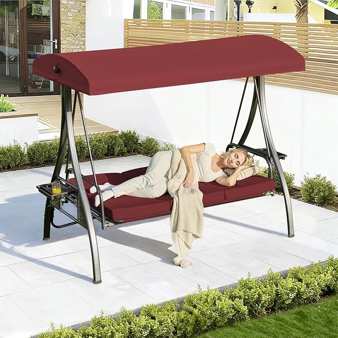 Upgrade 180° Convertible Outdoor Swing for Adults, Outdoor Porch Swing with Stand 800lb Bearing Capacity, 3-Seat Outdoor Swing with Canopy Adjustable, Thickened Cushions (Square, Wine Red)