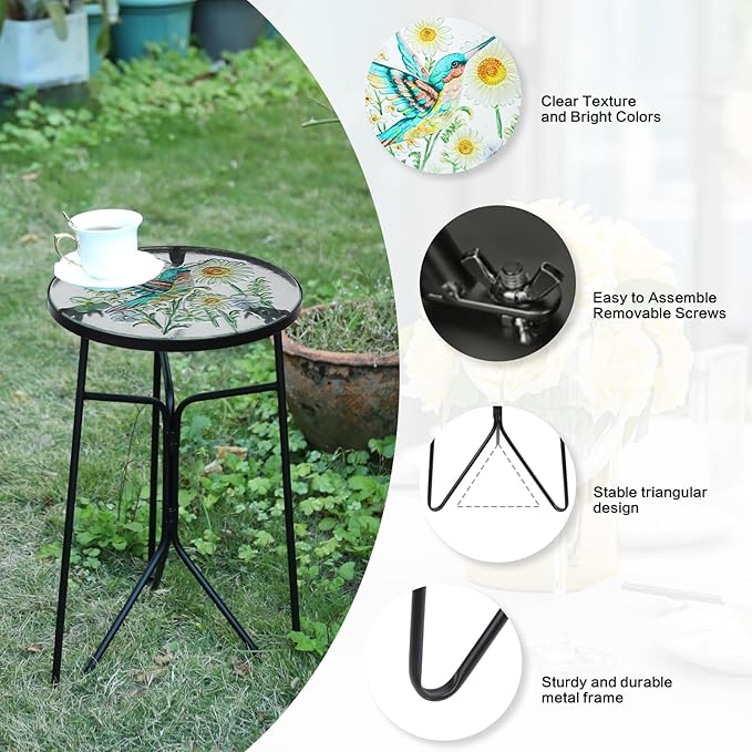VCUTEKA Patio Side Table Outdoor Accent Table Bistro Coffee Table Plant End Table Small Porch Table Indoor Round Glass Balcony Plant Table Stands Golden Transparent Hummingbird 12 inches
