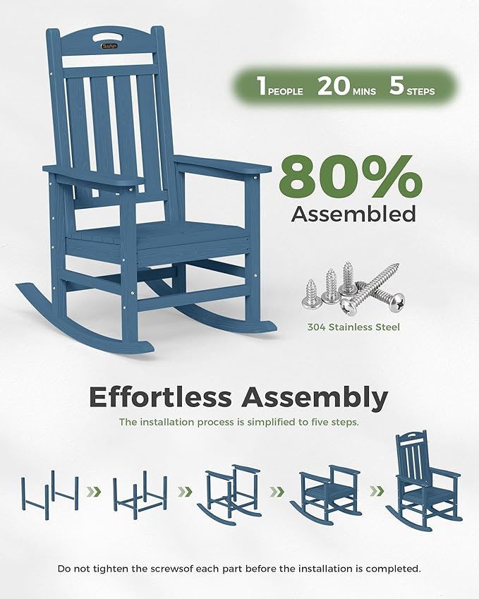 Oversized Outdoor Rocking Chairs Set of 4, High Back Porch Rocking Chair, HDPE All Weather Resistant Patio Chairs, 380lbs Weight Capacity, Navy Blue